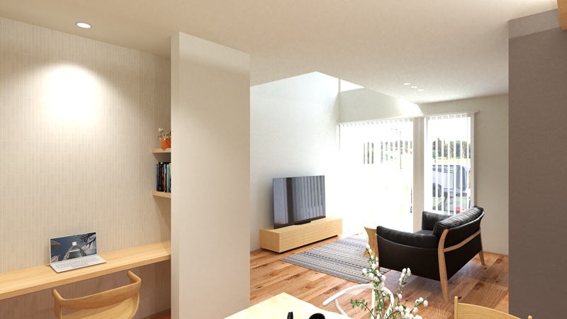 内観予想図② LDKの一角にワークスペースを配置しました。