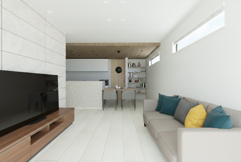 【内観予想図】木目クロスの下がり天井×エコカラットウォールがアクセントになった、モダンな内装