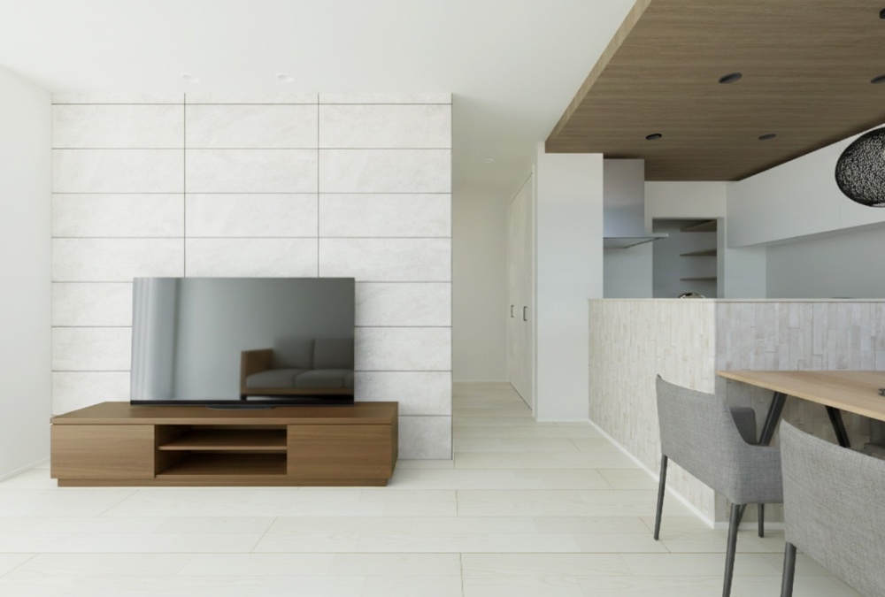 【内観予想図】テレビ背面はエコカラットを採用。デザイン性に優れているのはもちろん、調湿機能や、においや有害物質を低減してくれる効果も。