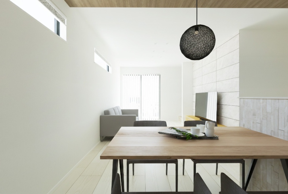 【内観予想図】南側に面した掃き出し窓から自然光が差し込む明るいLDK。