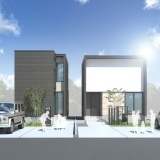 【外観予想図】右:C棟　タイル調のサイディングがアクセントになったモダンデザインの外観。