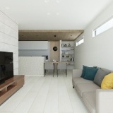 【内観予想図】木目クロスの下がり天井×エコカラットウォールがアクセントになった、モダンな内装