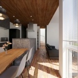 【完成予想図】L字の形状を活かすことで、壁や仕切りを作らなくてもダイニング・キッチンと、リビングを視覚的に美しく切り分けることができます。