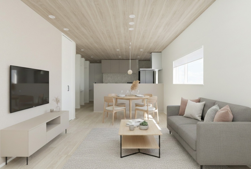 【内観予想図】くすみカラー×木目が織りなす、安らぎのLDK。