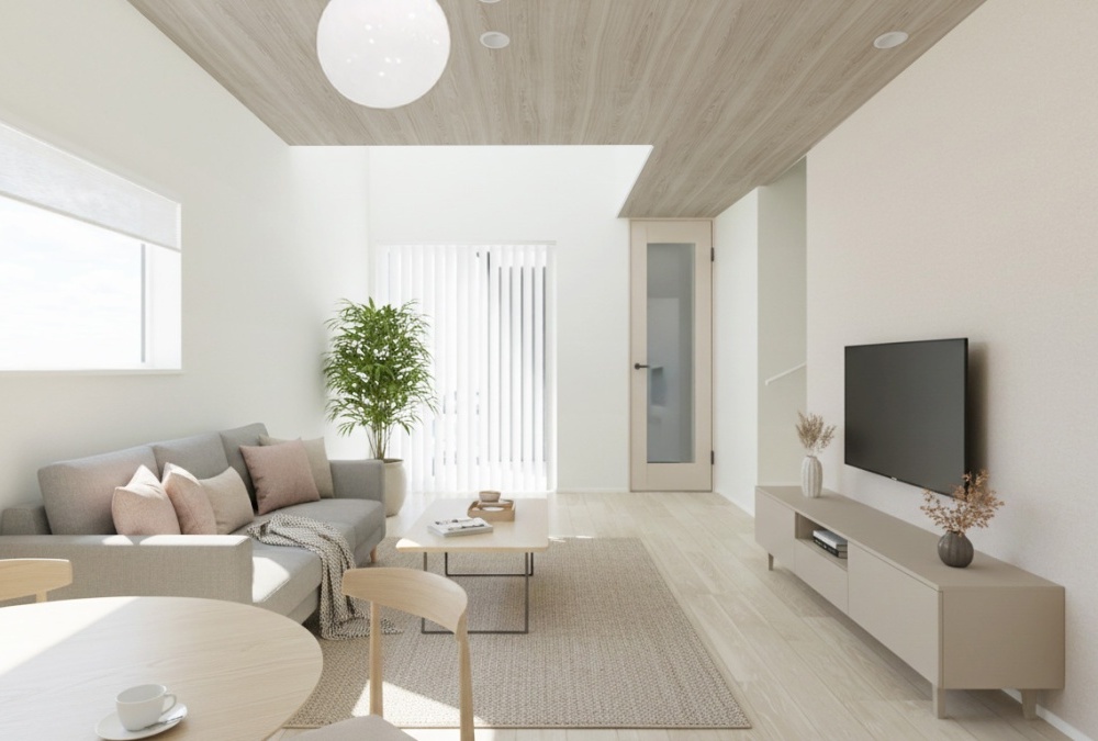 【内観予想図】木目クロス仕上げの天井が、LDKに温もりを演出。南側に面した吹抜けから自然光が差し込み、明るい空間になります。