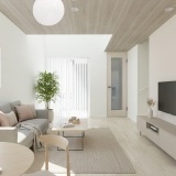 【内観予想図】木目クロス仕上げの天井が、LDKに温もりを演出。南側に面した吹抜けから自然光が差し込み、明るい空間になります。