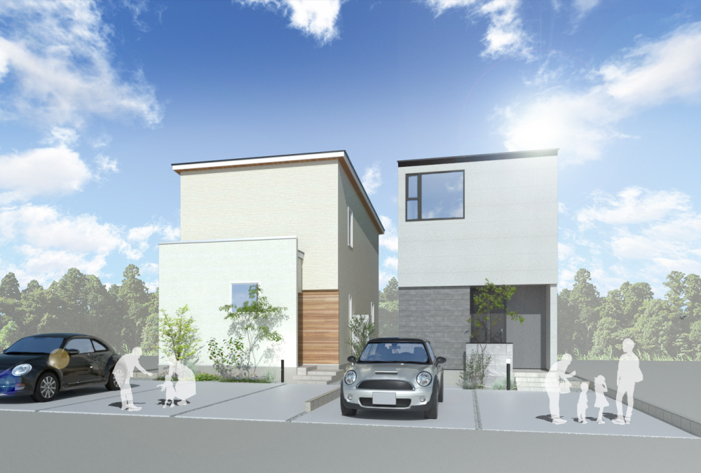 完成予想図（A棟：左）ボックス型のシンプルな形状で、温かみのあるナチュラルモダンスタイル。