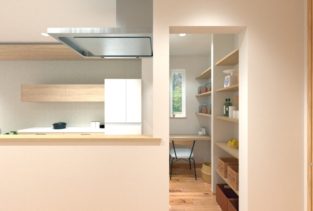 パントリー内にカウンターを設置して家事スペースを兼ねた空間に。