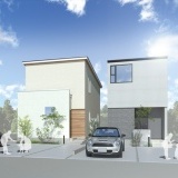 完成予想図（B棟：右）洗練された印象のモノトーンスタイルで統一された外観。