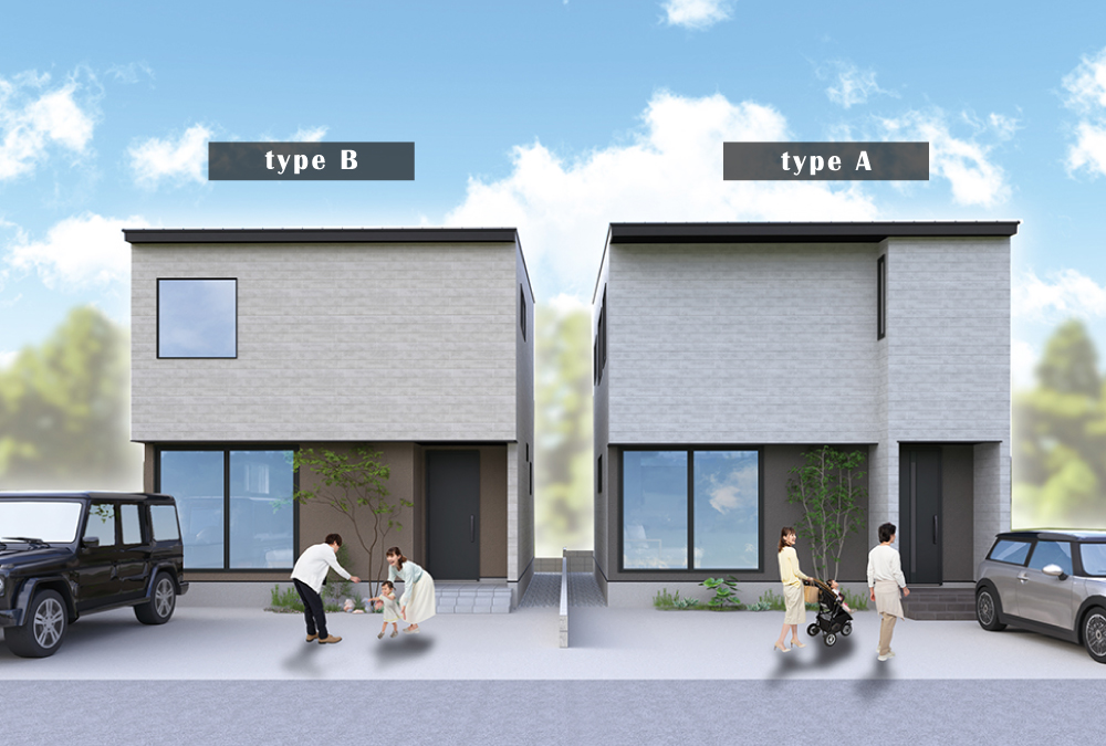 （B棟：画像左側）柔らかな質感の大判タイルのモダンさに、アクセントの吹付材の素材感が融合した上質な外観デザインです。