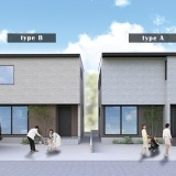 （B棟：画像左側）柔らかな質感の大判タイルのモダンさに、アクセントの吹付材の素材感が融合した上質な外観デザインです。