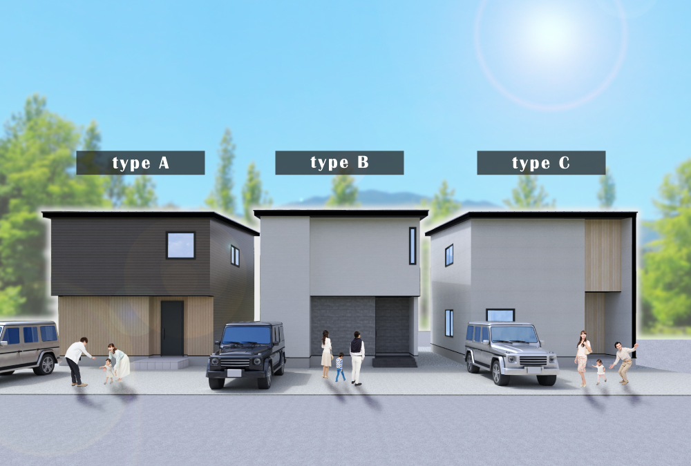 （A棟：画像左側）小幅の板を重ね張りしたような意匠の外壁を基調に木目調のアクセントが映える外観デザインです。