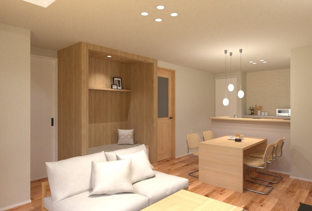 ヌックとは、スコットランドのイングル・ヌーク（暖炉の側方の腰掛の意）が由来で、こぢんまりした隠れ家のような居心地の良い空間の事です。リビング横にこもれる空間を設計し読書などの趣味を楽しめます♪