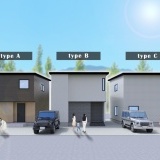 （A棟：画像左側）小幅の板を重ね張りしたような意匠の外壁を基調に木目調のアクセントが映える外観デザインです。