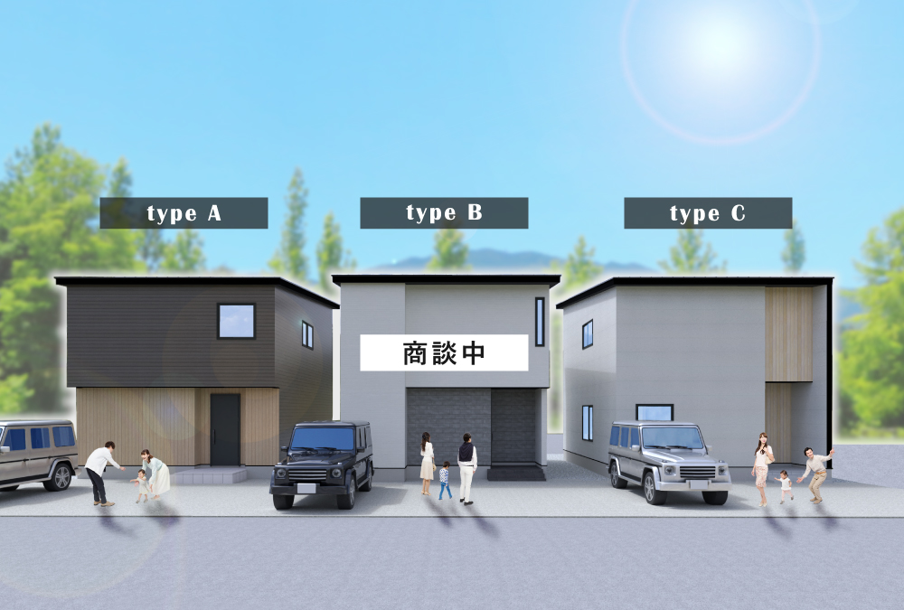 （B棟：画像真ん中）素朴な風合いの外壁を基調に、柔らかな質感の大判タイルの外壁が高級感を演出する外観デザインです。