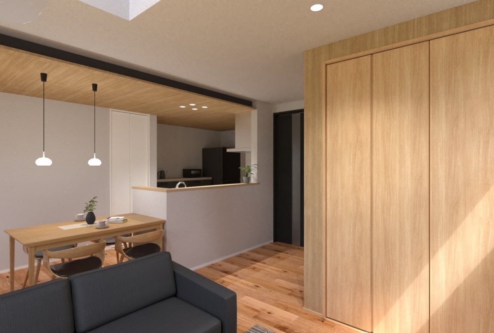 ダイニング・キッチンの天井を15㎝折り下げることで落ち着きのある空間を作りだし、天井を木調にすることで上質で高級感をプラスします♪