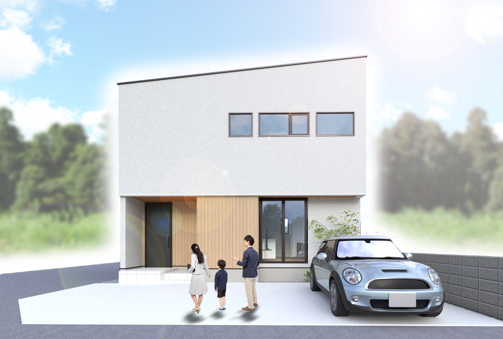 正面の吹付材に木目調の外壁が映えるナチュラルモダンデザインです♪