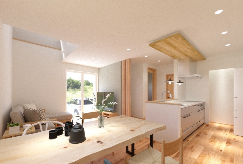キッチンの天井を一部折り下げ天井にし、LDKの空間に変化をつけておしゃれなキッチンになります。折り下げ天井を木目にすることで、ぬくもりと上質さを感じられます。