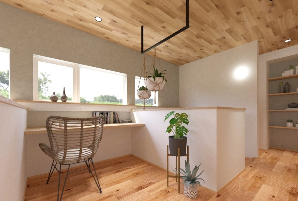 吹抜を介してLDKと空間がつながる2階ホールにはカウンターを設けて、デスクワークなど集中できる空間をつくりました。