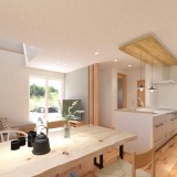 キッチンの天井を一部折り下げ天井にし、LDKの空間に変化をつけておしゃれなキッチンになります。折り下げ天井を木目にすることで、ぬくもりと上質さを感じられます。