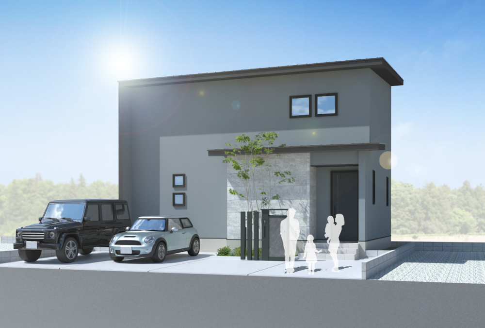 【完成予想図】建物外壁には塗り壁「オメガシステム」を採用。クールモダンな外観です。