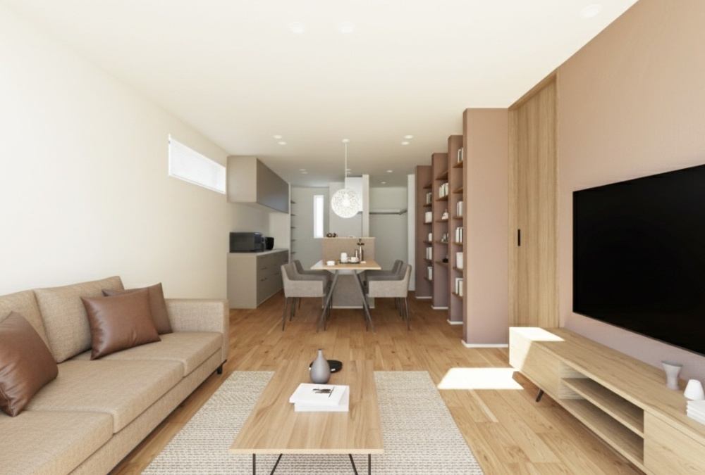 【完成予想図】リビング・ダイニング・キッチンが一続きになった広々とした18.5帖のLDK。