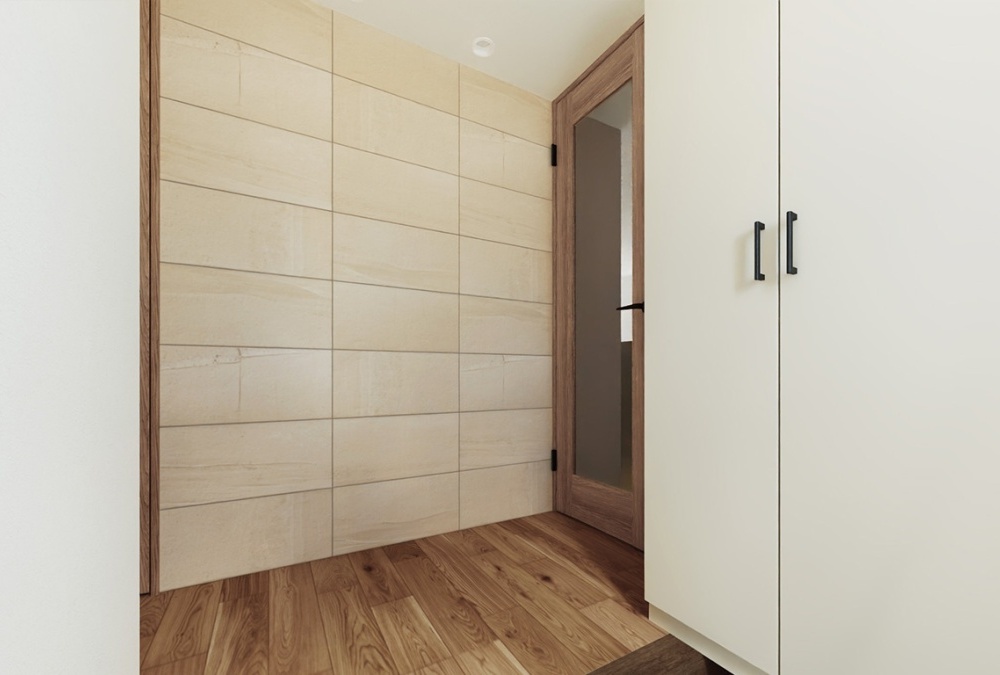 【完成予想図】玄関ホールに入ると、エコカラットのアクセントウォールがお出迎え。機能性×デザイン性を両立するエコカラットは、玄関の雰囲気を格上げしてくれます。