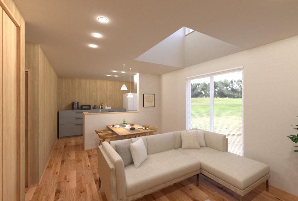 LDKは16.9帖の大空間で、天井高も2.5mのため圧迫感なく過ごせます。さらに吹抜があることで、LDKが明るく開放的な空間になり、帖数以上の開放感を感じられます。