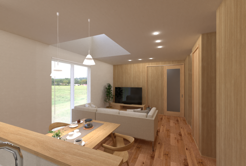 LDKの中心に設けた吹抜けからは、柔らかな間接光が落ちてくるため全体が明るい空間になります。