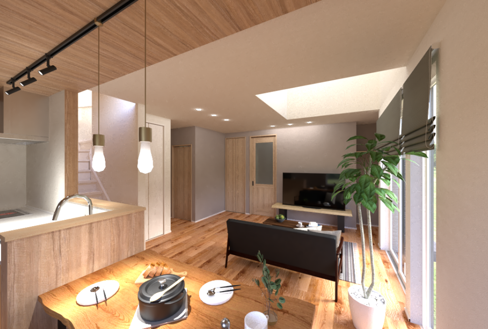 18.5帖のLDKは高天井（天井高2.5m）がもたらす伸びやかな空間が魅力で、さらに吹抜設計により帖数以上の広がりと開放感を感じられます。