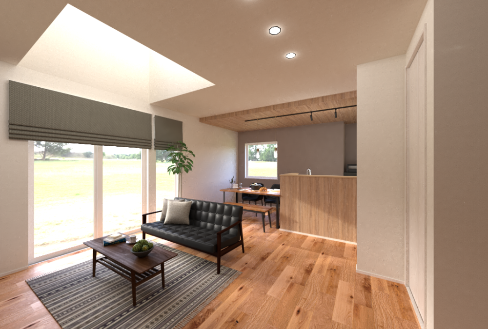 キッチン上の天井を木目調で一段下げることにより、メリハリのある空間を実現します。また、吹抜けがあることにより圧迫感をカバーし、より快適な暮らしを堪能できます。