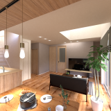 18.5帖のLDKは高天井（天井高2.5m）がもたらす伸びやかな空間が魅力で、さらに吹抜設計により帖数以上の広がりと開放感を感じられます。