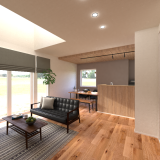 キッチン上の天井を木目調で一段下げることにより、メリハリのある空間を実現します。また、吹抜けがあることにより圧迫感をカバーし、より快適な暮らしを堪能できます。