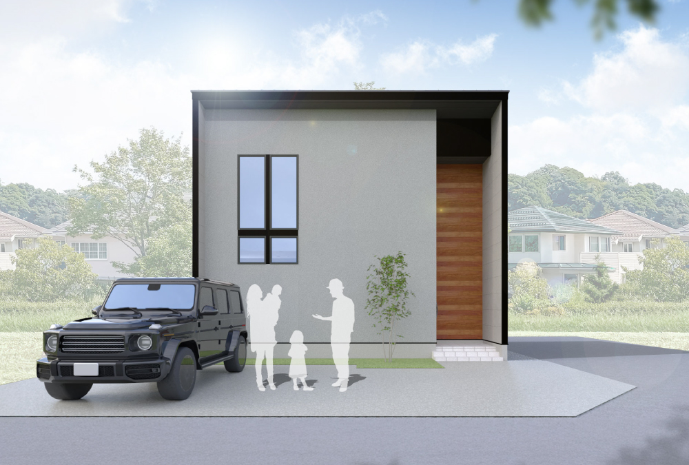 【完成予想図】グレーと木目のアクセントが際立つ、シンプルモダンなスクエアフォルム。