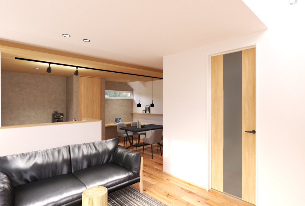 ゆとりある19.1帖のLDK。温もりある木目調クロスを中心に採り入れた、ナチュラルで落ち着く空間です。