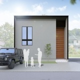 【完成予想図】グレーと木目のアクセントが際立つ、シンプルモダンなスクエアフォルム。