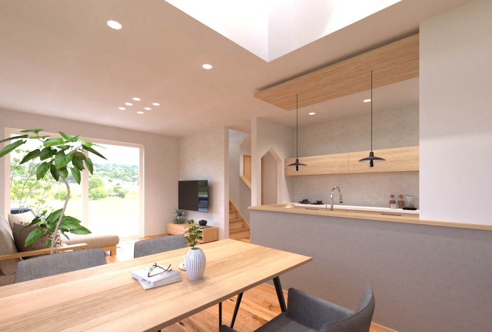 角地を活かした陽当たりの良さと解放感。南側に設けた吹抜からも自然光が差し込み帖数以上（LDK18.1帖）の広がりを感じられます。天井高も2.5ｍあり圧迫感もなく、ゆとりある空間設計です♪