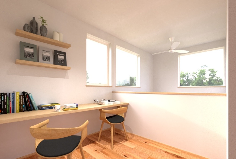 2階の吹抜けに隣接した開放感のあるホールにカウンターを設け、ゆとりあるワークスペースを作りました。第2のリビングのような使い方のできる、居心地のいい空間です。