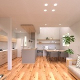 白を基調とした明るいクロスに、フローリングと木目の下がり天井がやさしく馴染むナチュラルテイストのLDK。吹き抜けから差し込む自然光が空間を包み込み、安らぎと開放感を演出します。