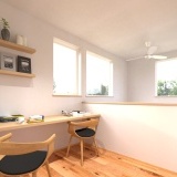 2階の吹抜けに隣接した開放感のあるホールにカウンターを設け、ゆとりあるワークスペースを作りました。第2のリビングのような使い方のできる、居心地のいい空間です。