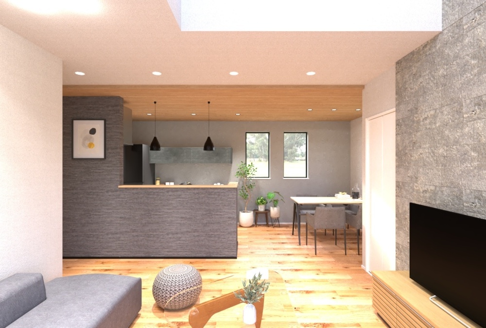 やわらかなグレーのアクセントクロスが落ち着きを添え、広く巡る木目の下がり天井がLDKに温もりあるリッチな雰囲気を演出します。