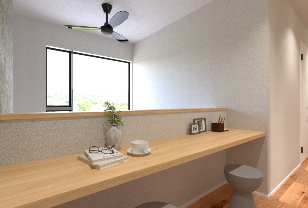 2階の吹抜け部にカウンターを設け、幅広のワークスペースを作りました♪