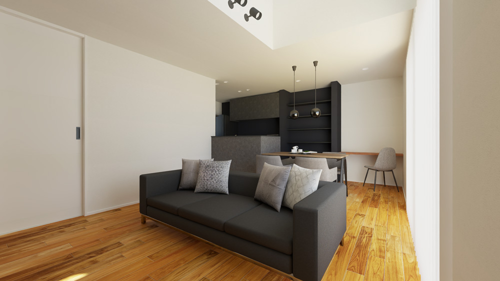 【完成予想図】外観・内観ともにスタイリッシュデザインで統一。ブラックが空間を引き締めます。