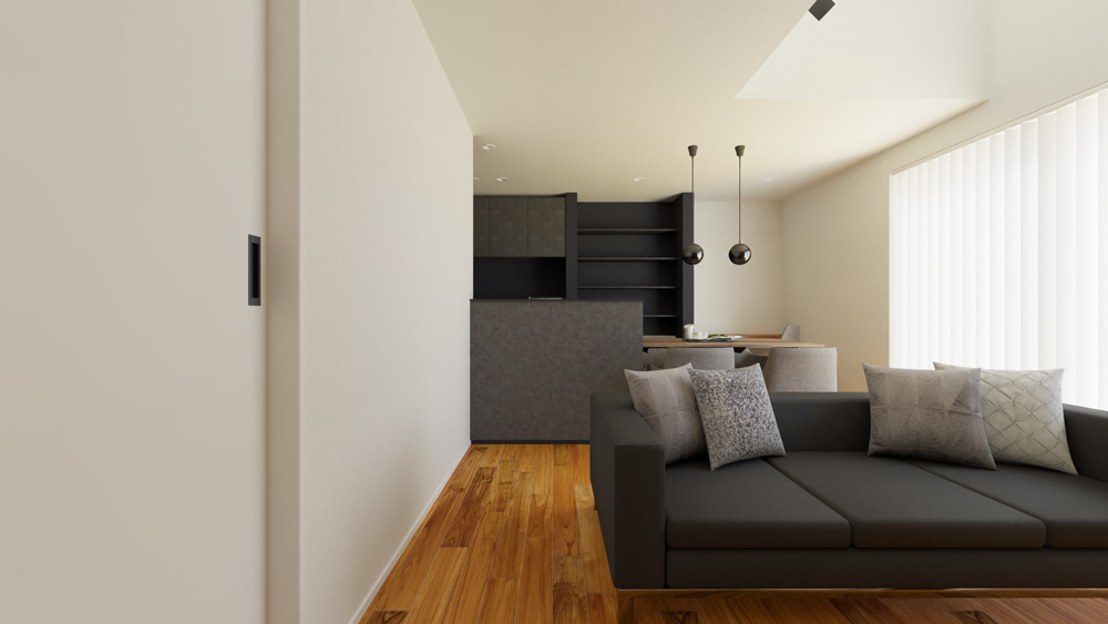 【完成予想図】南向きの吹抜けから陽光を採り込み、明るく開放感のある17.1帖のLDK。