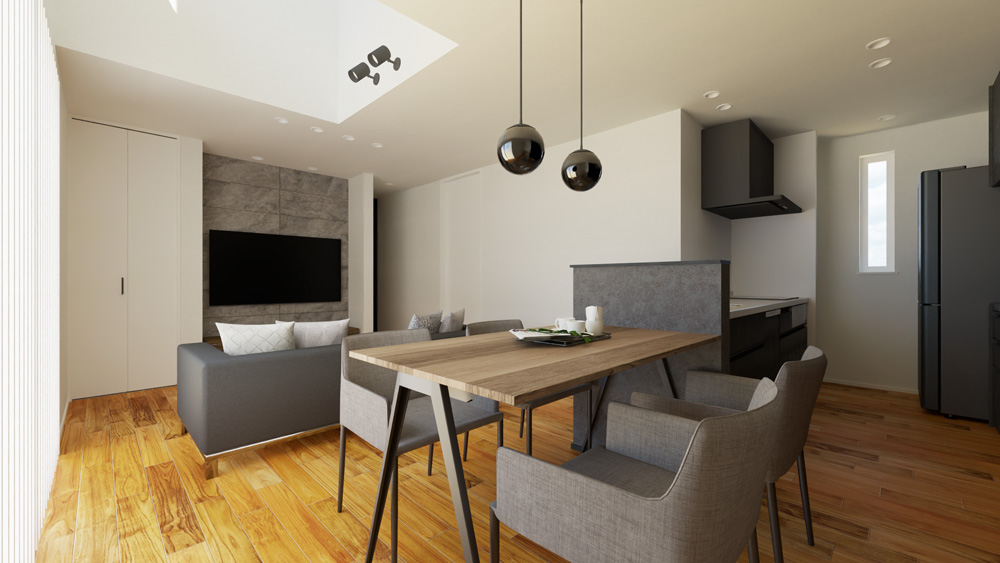 【完成予想図】リビングの主役となるテレビ背面には、エコカラットウォールを採用♪LDK全体が洗練された印象になります。