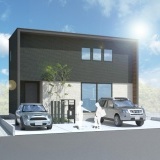 【完成予想図】外観は、ブラックを基調に石目調サイディングと木目が映えるスタイリッシュモダンスタイル。