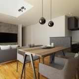 【完成予想図】リビングの主役となるテレビ背面には、エコカラットウォールを採用♪LDK全体が洗練された印象になります。