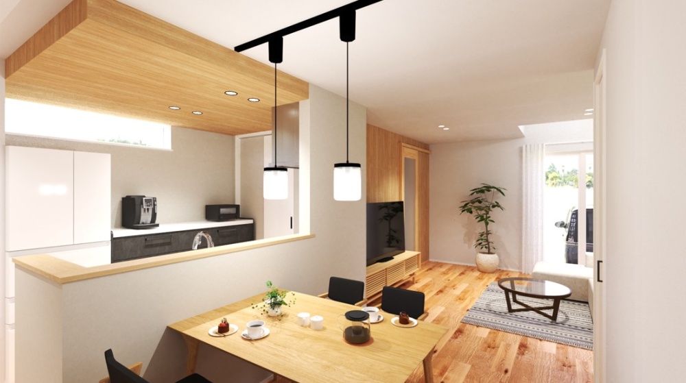 帰宅したらシューズクロークで靴と上着を脱ぎ、そのままキッチンを抜けて洗面化粧台へ行ける「ただいま動線」。買い物袋をキッチンに置いて、手洗い、うがいがスムーズな動線です。