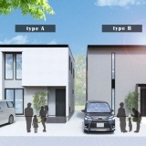 （A棟：画像左側）シンプルなフラットデザインに自然な風合いをプラスしたホワイトカラーをベースに塗壁材をアクセントに仕上げたおしゃれでクールモダンな外観デザインです。