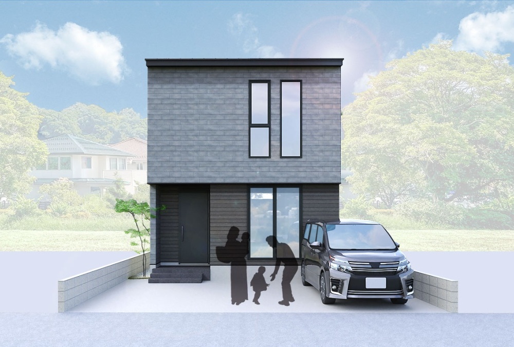 柔らかな質感の大判タイルのモダンさと、木目調の静かな存在感が融合した外観デザインです。